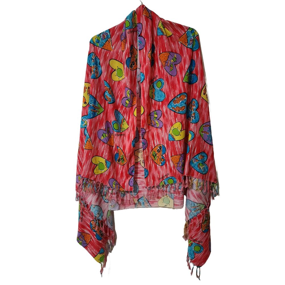 Sally Huss Beach Wrap Sarong Cover-Up Red Colorful Hearts Tropical Fringe 42x62"